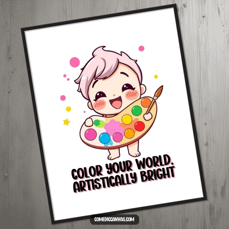 Funny Free Printable Wall Art: A giggling paint palette character exuberantly overflowing with a rainbow of cheerful, bright colors.