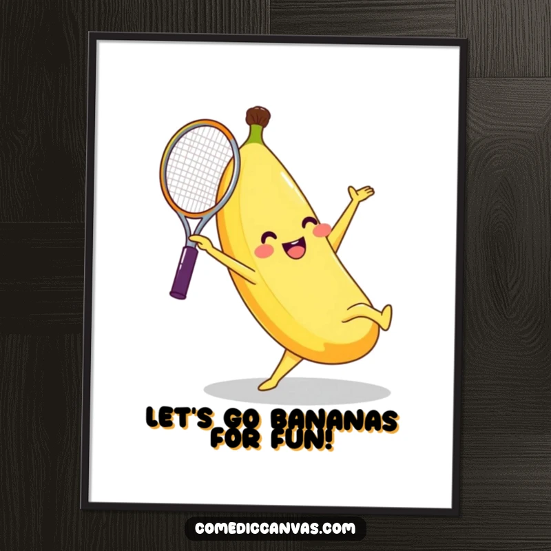 Funny Free Printable Wall Art: Giggling banana character performing an energetic cartwheel with a tennis racket.