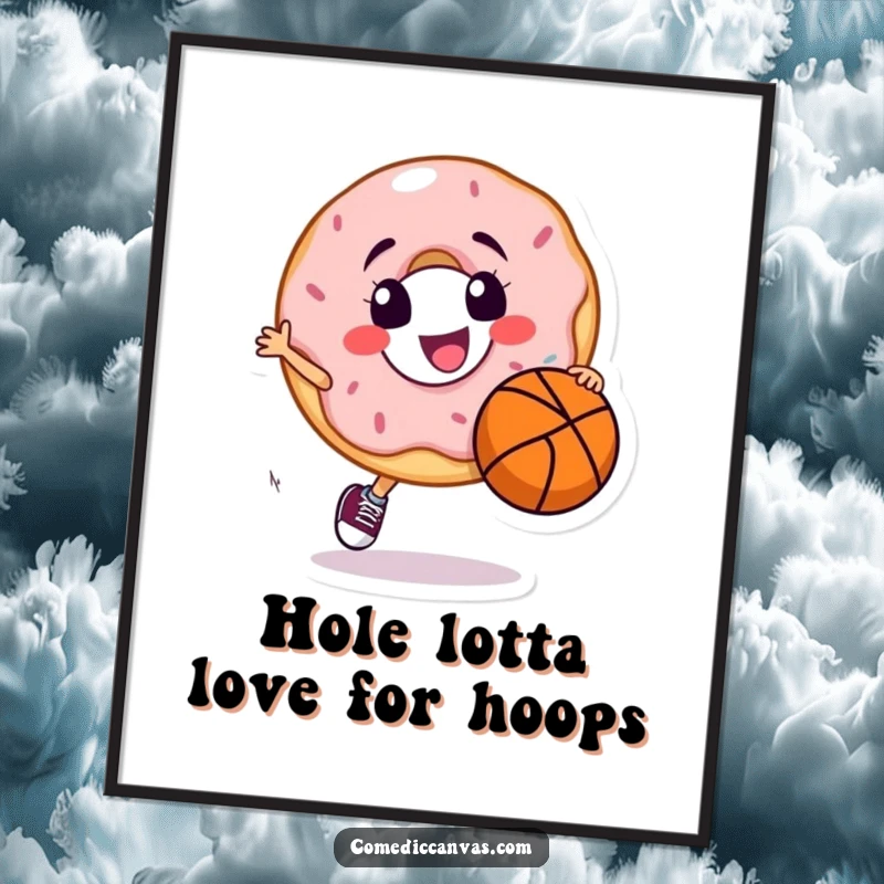 Funny Free Printable Wall Art: A smiling donut character joyfully dribbling a basketball, creating a fun and energetic downloadable art piece.