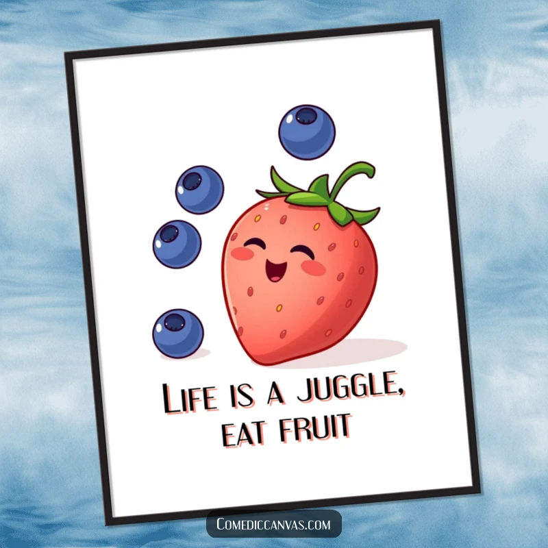 Funny Free Printable Wall Art: A mischievous strawberry juggling tiny blueberries, vibrant and cheerful decor.