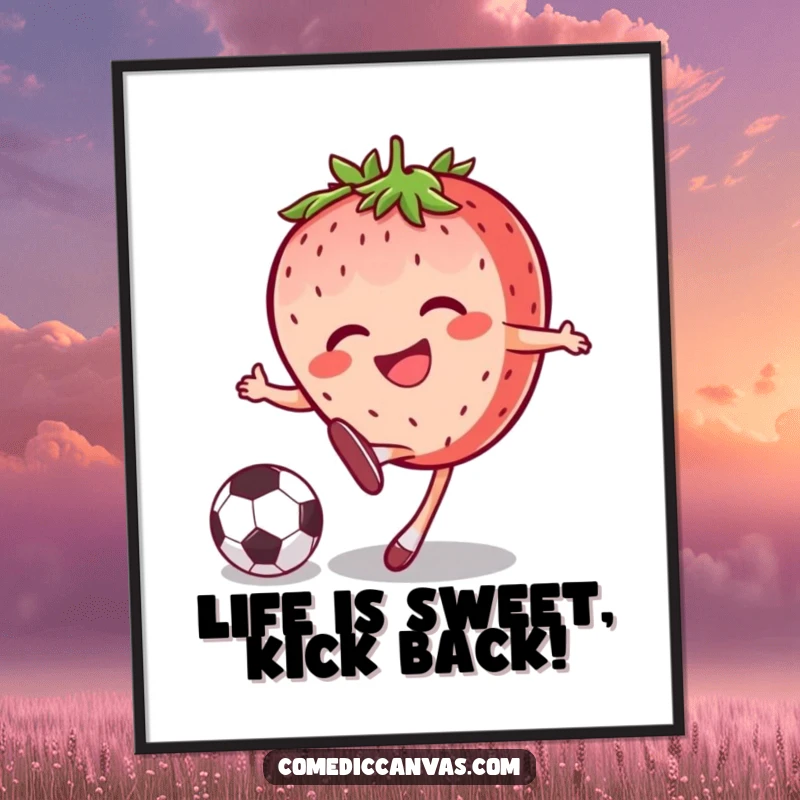 Funny Free Printable Wall Art: Joyful strawberry character mid-kick with a soccer ball, grinning.
