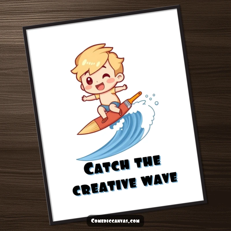 Funny Free Printable Wall Art: Character gleefully surfs a paintbrush like a surfboard down a dynamic canvas wave.