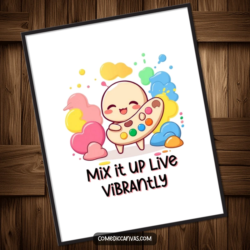 Funny Free Printable Wall Art: A giggling palette character joyfully splashing and playing with blobs of bright, vibrant paint.