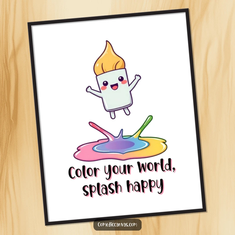 Funny Free Printable Wall Art: A kawaii paintbrush joyfully leaps between color puddles, creating vibrant and humorous artistic decor.