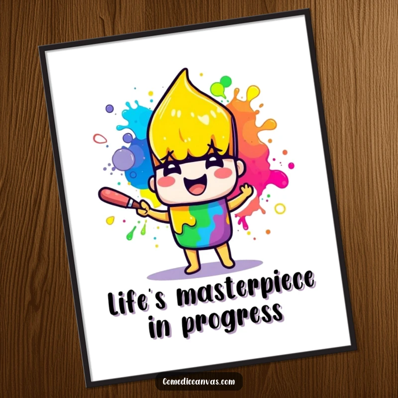 Funny Free Printable Wall Art: Cheerful paintbrush character joyfully splattering vibrant rainbow paint, a colorful artistic statement.