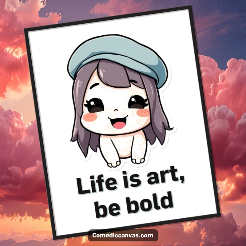 Funny free printable wall art of a character with a silly grin, wearing a beret tilted jauntily, embodying artistic fun.