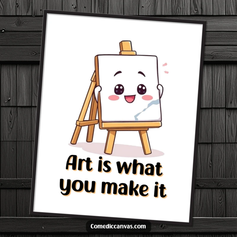Funny free printable wall art of a playful easel character enthusiastically holding up a masterpiece, a whimsical and artistic illustration.