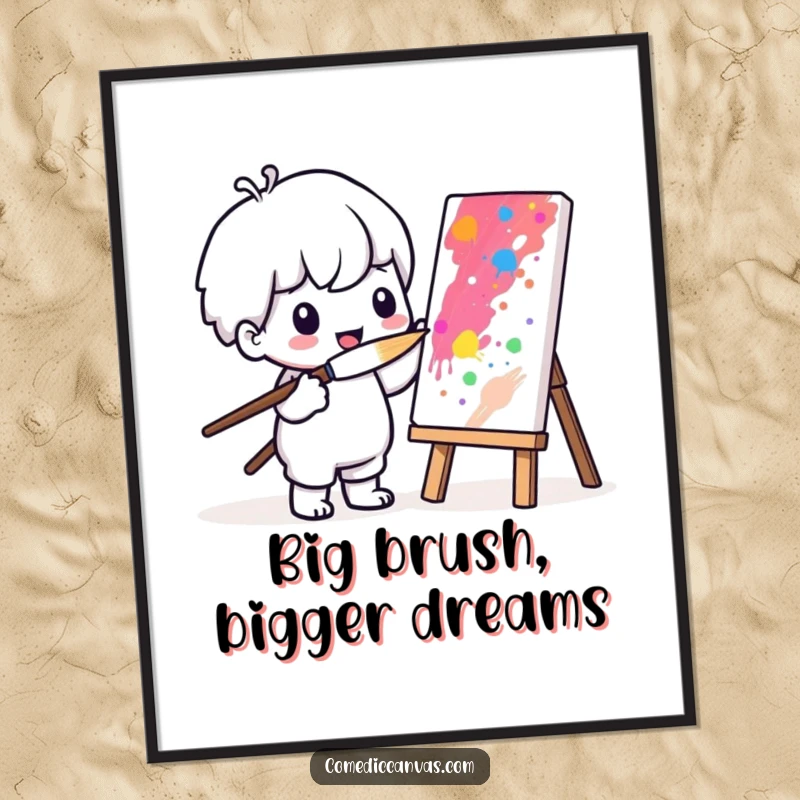 Funny free printable wall art featuring an adorable Kawaii character painting vibrantly with a comically large art brush.