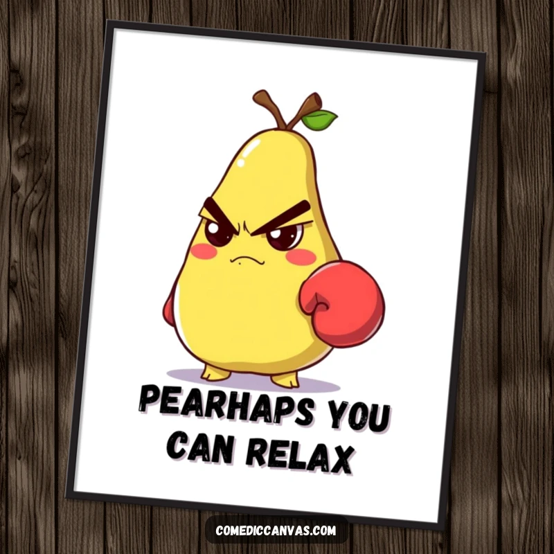 Funny Free Printable Wall Art: A visually striking illustration of a grumpy pear wearing a tiny boxing glove and glaring fiercely.