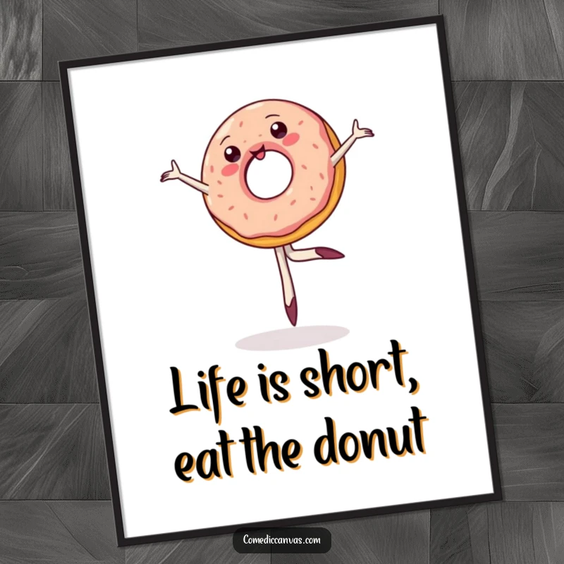 Funny Free Printable Wall Art: A wobbly jelly donut attempting a dramatic ballet pirouette, whimsical decor.