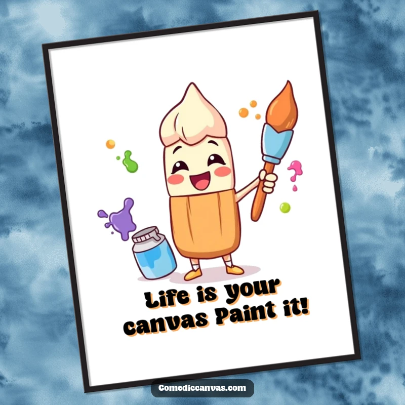 Funny Free Printable Wall Art: A happy paintbrush character playfully juggling colorful paint pots, bringing artistic joy to any room.