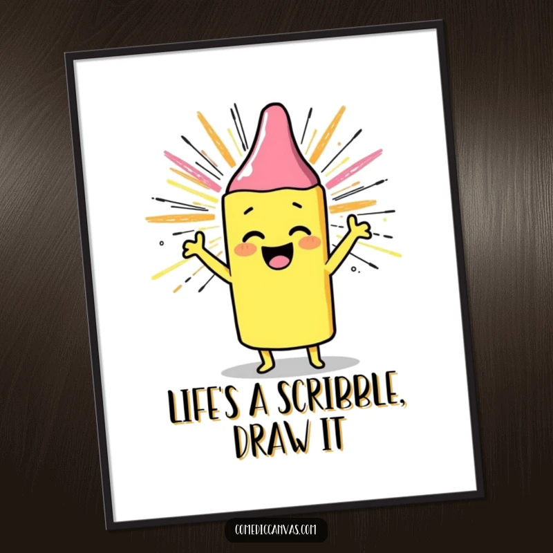 Funny Free Printable Wall Art of a cheerful crayon character joyfully drawing a sunburst with enthusiastic, colorful scribbles.