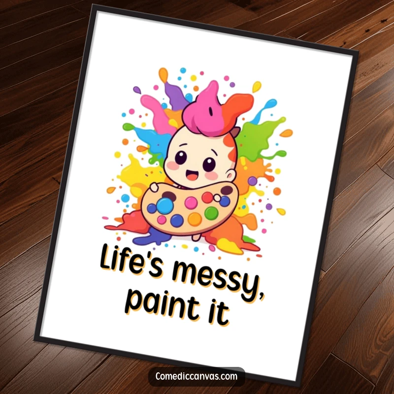 Funny Free Printable Wall Art: A paint palette character in a chaotic, happy explosion of vibrant colors, adding artistic flair.