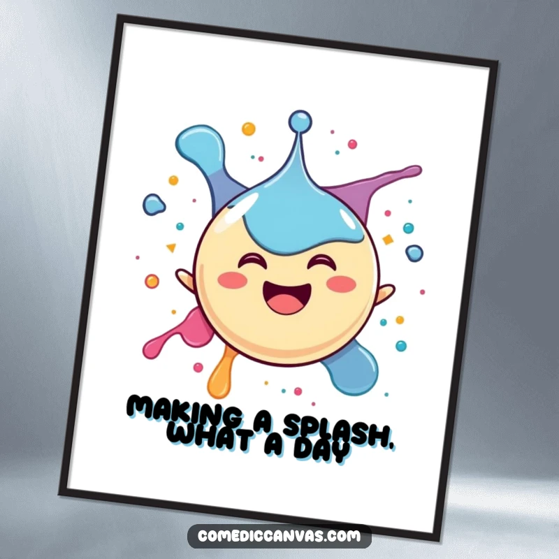 Funny Free Printable Wall Art featuring a happy, spherical ink drop character gleefully splattering itself with vibrant, playful colors.