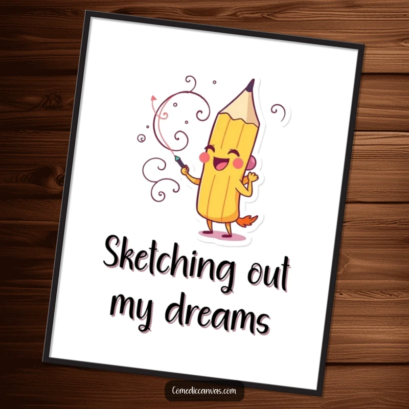 Funny Free Printable Wall Art: Delighted pencil character actively drawing a whimsical swirling design, adding artistic charm.