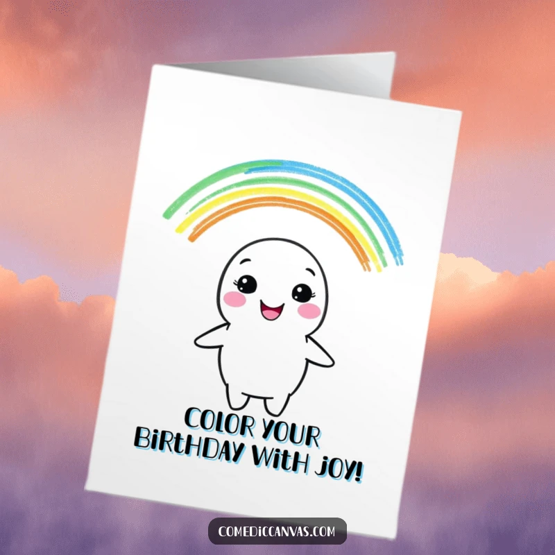 Funny Free Printable Birthday Card: A cheerful crayon character gleefully drawing a bright rainbow with a big, happy grin.