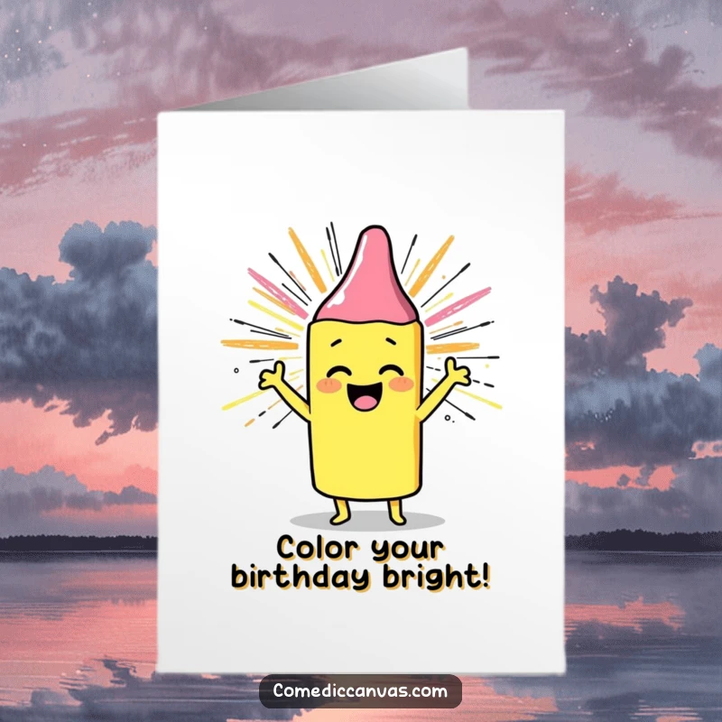 Funny Free Printable Birthday Card shows a cheerful crayon character joyfully drawing a sunburst with enthusiastic scribbles for a happy birthday.