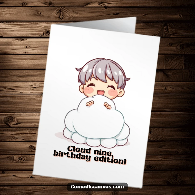 Funny Free Printable Birthday Card: Character joyfully sculpting a fluffy cloud from shiny clay onto a festive card.