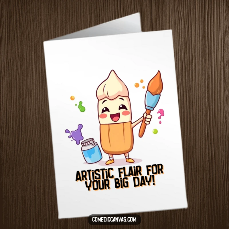 Funny Free Printable Birthday Card: A happy paintbrush character joyfully juggling vibrant paint pots, ready to celebrate.