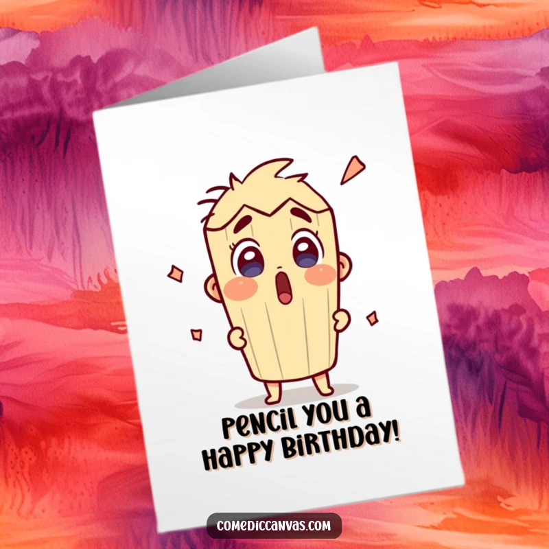 Funny Free Printable Birthday Card: A surprised pencil character with wide eyes excitedly sketching with a grimy eraser.