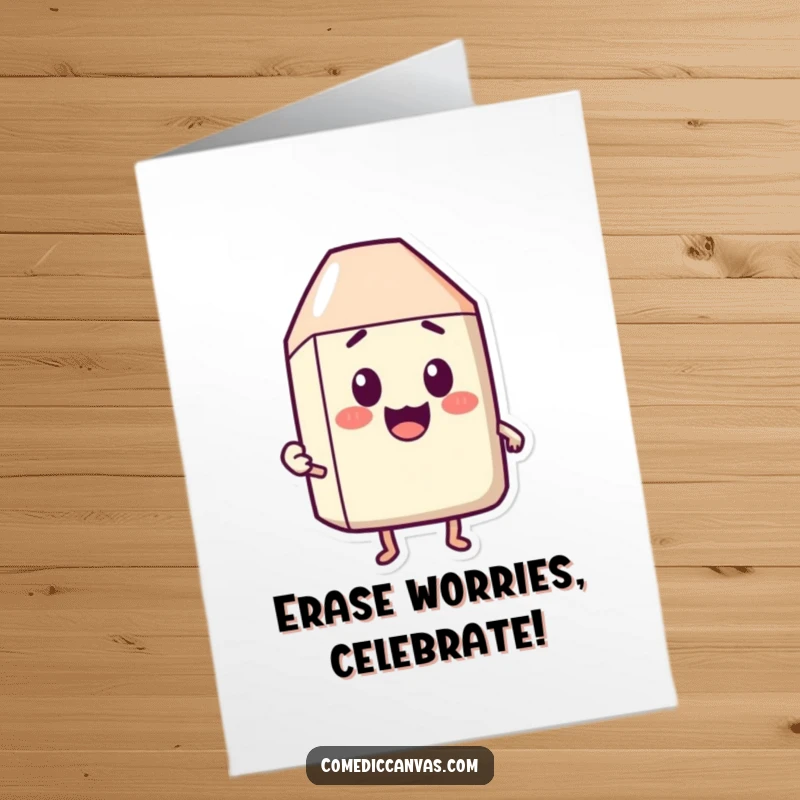 Funny Free Printable Birthday Card: A happy eraser character playfully rubbing out a surprised expression, spreading cheer.