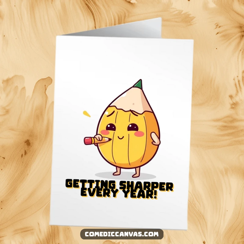 Funny Free Printable Birthday Card: A round pencil character sharpens itself with intense focus, ready for celebration.
