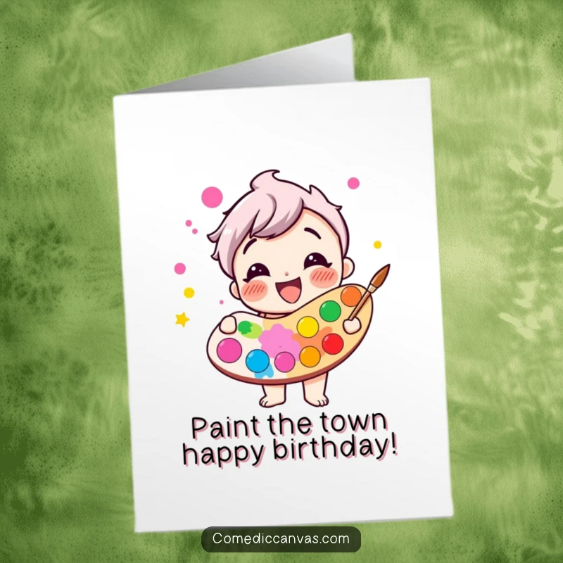 Funny Free Printable Birthday Card: A giggling paint palette character joyfully overflowing with vibrant, cheerful colors.