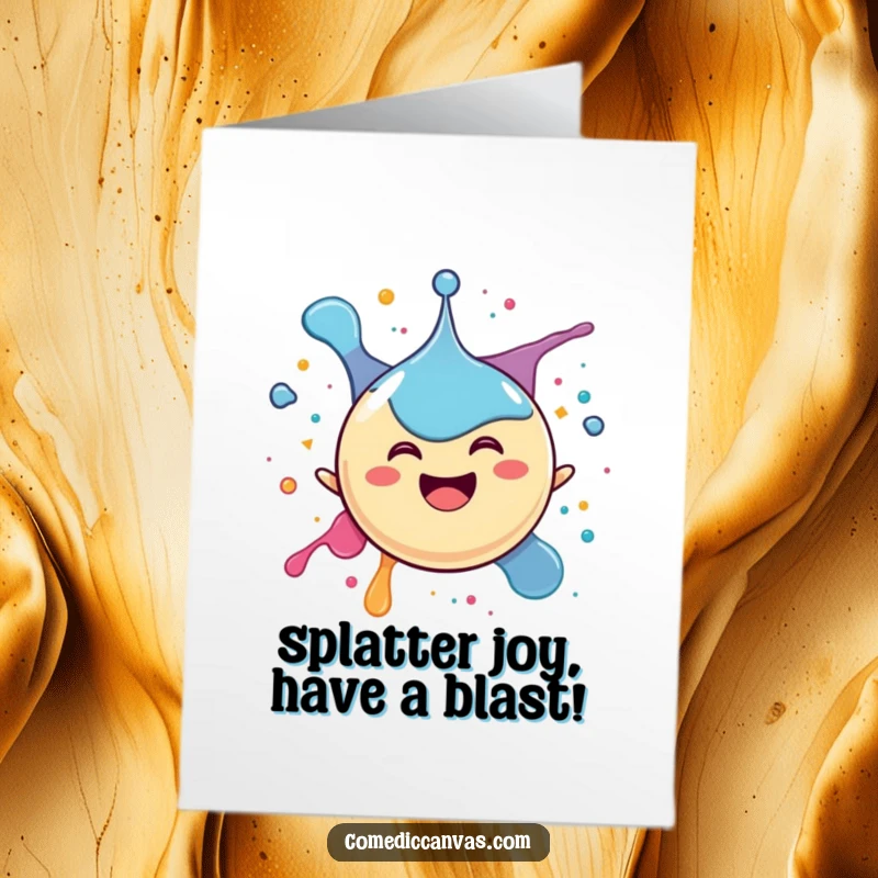 Funny Free Printable Birthday Card featuring a happy, spherical ink drop character joyfully splattering itself with vibrant colors.
