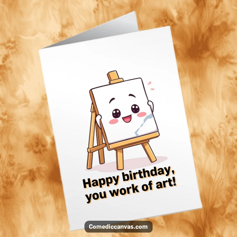 Funny free printable birthday card featuring a playful easel character enthusiastically holding up a colorful masterpiece, a celebratory art scene.
