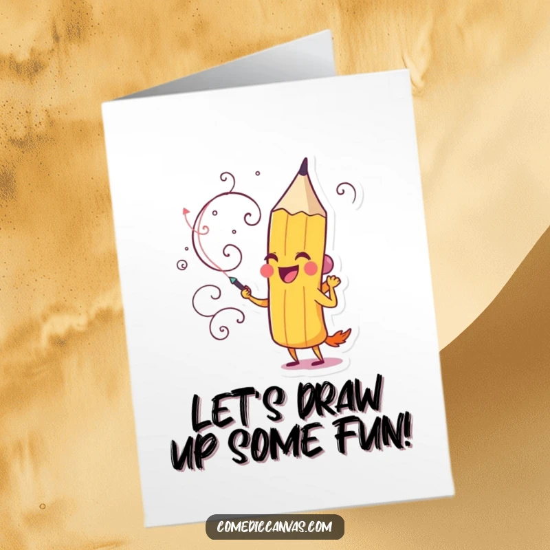 Funny Free Printable Birthday Card: Delighted pencil character actively drawing a whimsical swirling design, adding artistic flair.