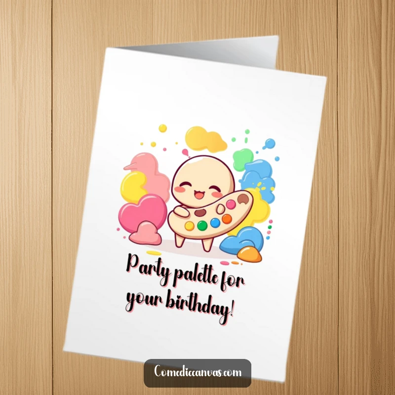 Funny Free Printable Birthday Card: A giggling palette character joyfully playing with colorful blobs of vibrant paint, celebrating.