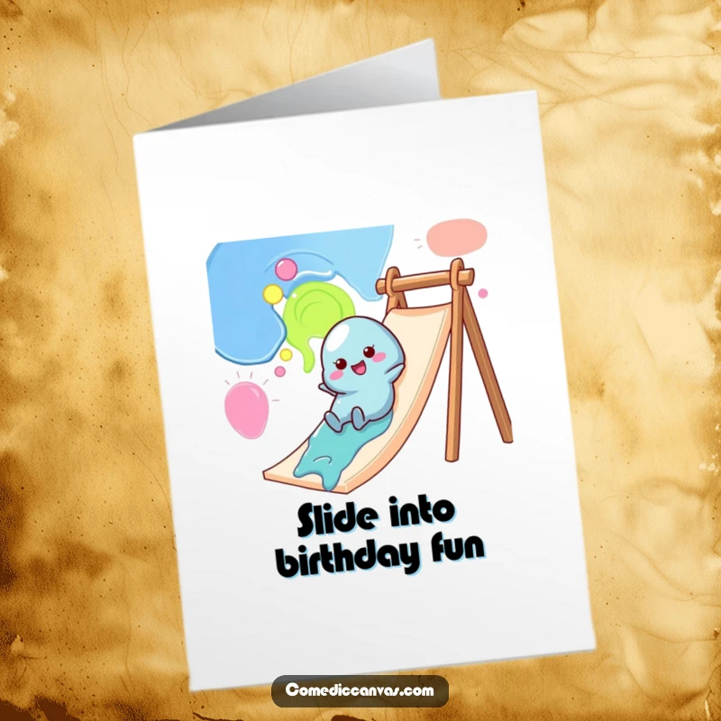 Funny Free Printable Birthday Card: A cheerful, wobbly blob of paint character sliding gleefully down a canvas like a fun slide.