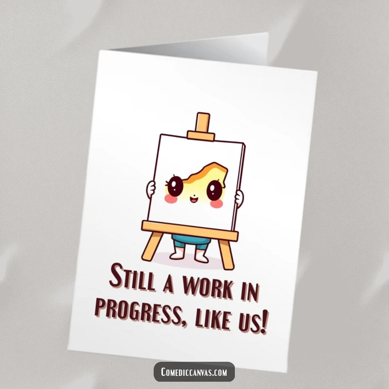 Funny Free Printable Birthday Card: Easel character proudly displays a colorful, half-finished drawing, ready for laughs.