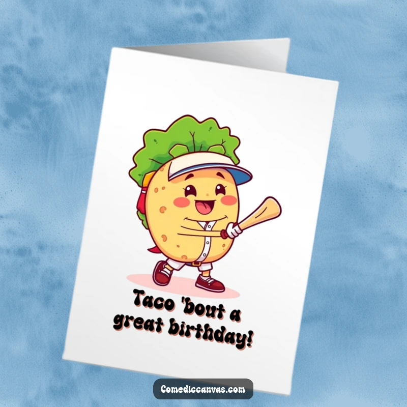 Funny Free Printable Birthday Card: Cheerful taco character triumphantly playing baseball, ready to celebrate.