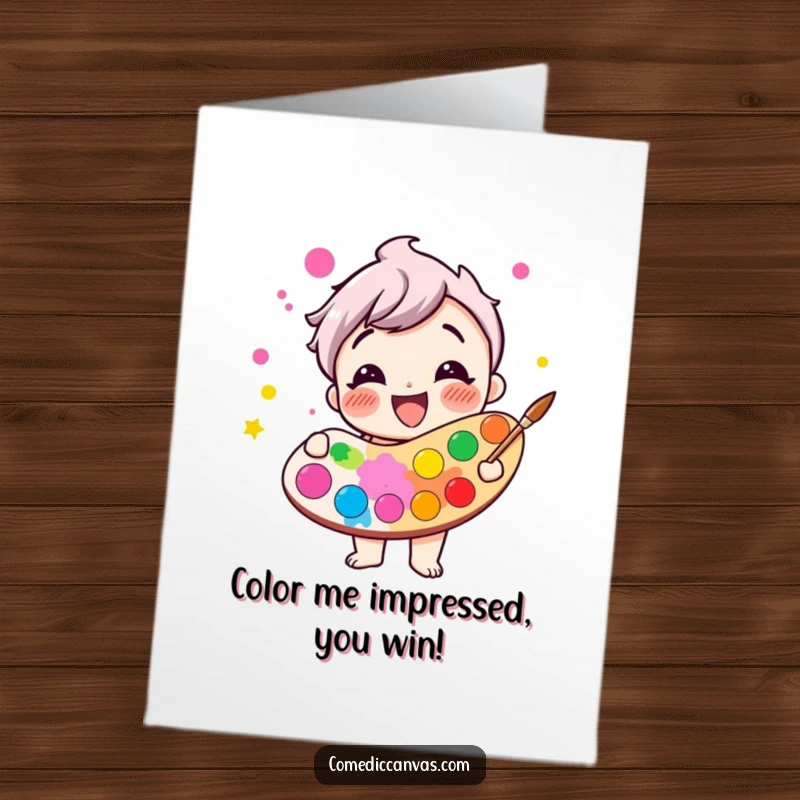 Funny Free Printable Congrats Card: A giggling paint palette character radiating happiness with an abundance of bright colors.