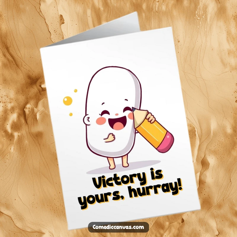 Funny Free Printable Congratulations Card: A happy character playfully pokes a huge bouncy eraser with a pencil, marking success.