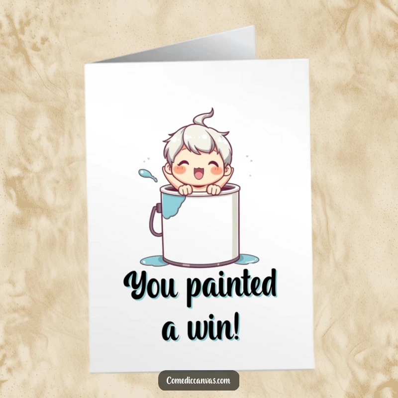 Funny free printable congratulations card showing a character bursting from a paint can, celebrating with vibrant colors.