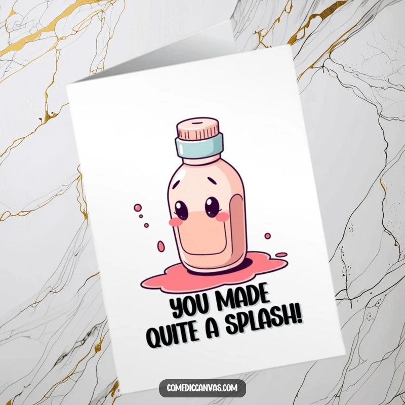 Funny Free Printable Congratulations Card: An ink bottle character humorously dribbles an ink blot, celebrating success with artistic flair.