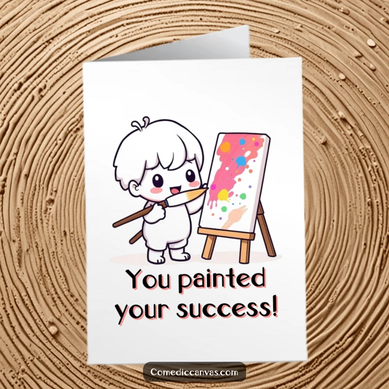 Adorable free printable congratulations card showcasing a Kawaii character impressively painting with a comically large brush.