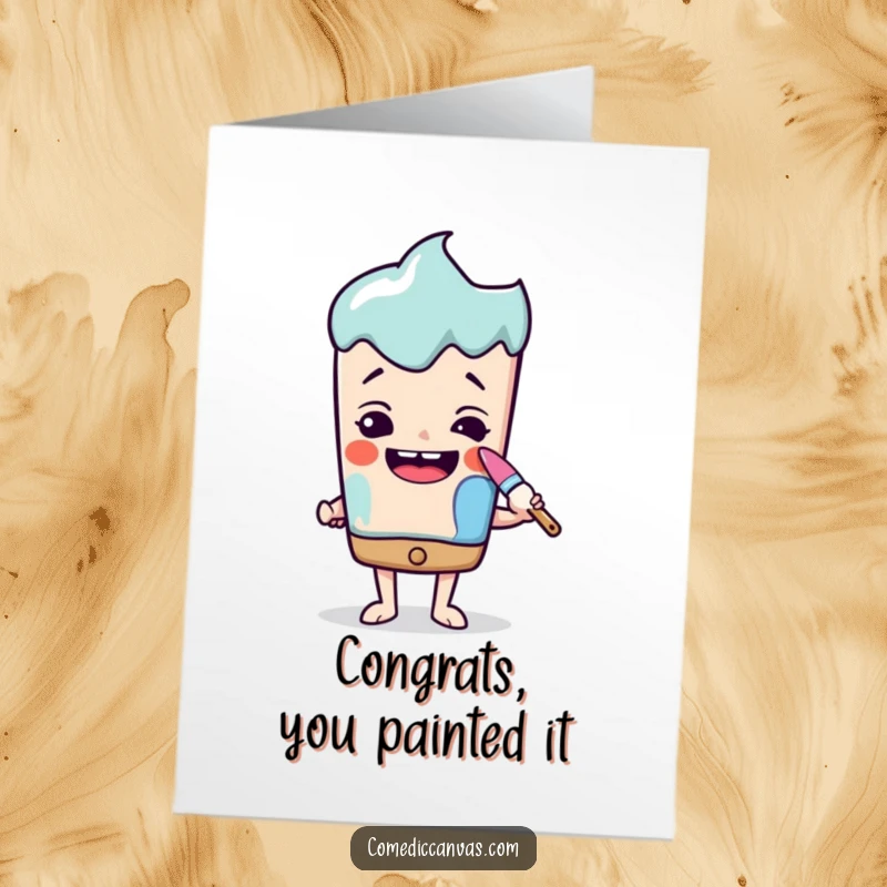 Free Printable Congrats Card: A determined paintbrush painting a cheerful smile onto a frowning face, signifying a positive outcome.