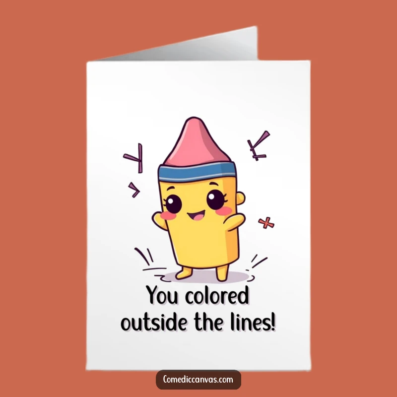 Free Printable Congratulations Card: Mischievous Crayon Celebrating Outside Lines Downloadable