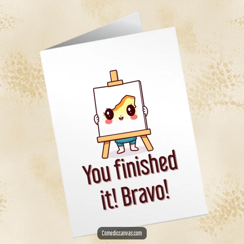 Funny Free Printable Congratulations Card: An easel character beams, holding a quirky, incomplete artwork for big wins.