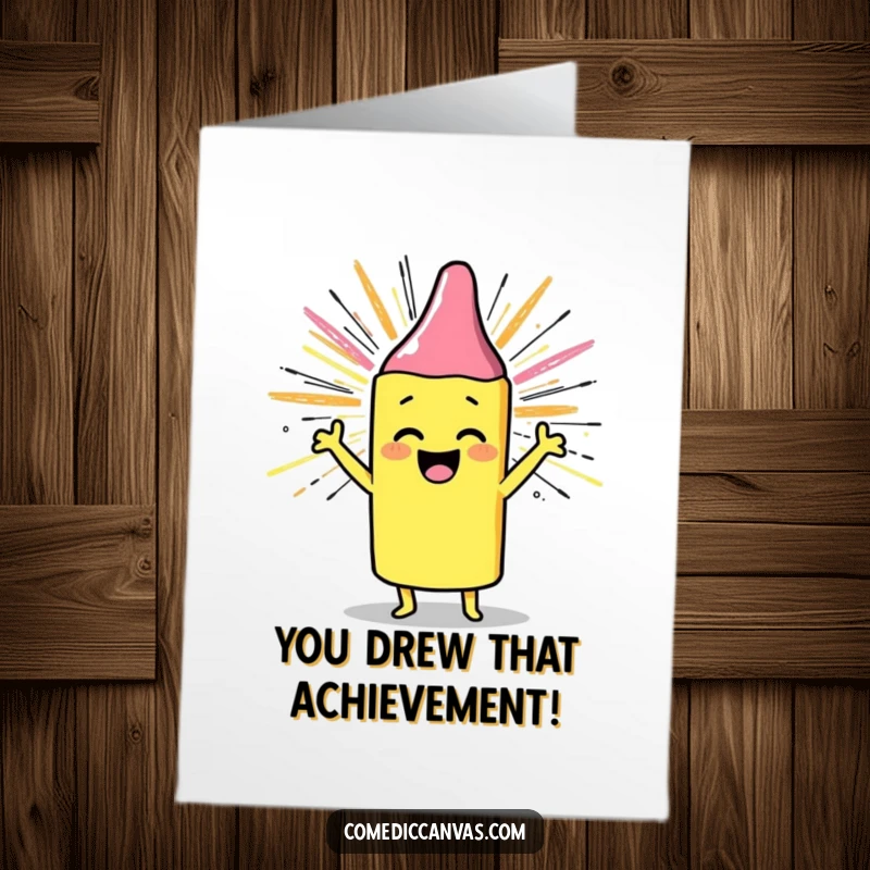 Funny Free Printable Congratulations Card featuring a cheerful crayon character drawing a bright sunburst with enthusiastic scribbles.