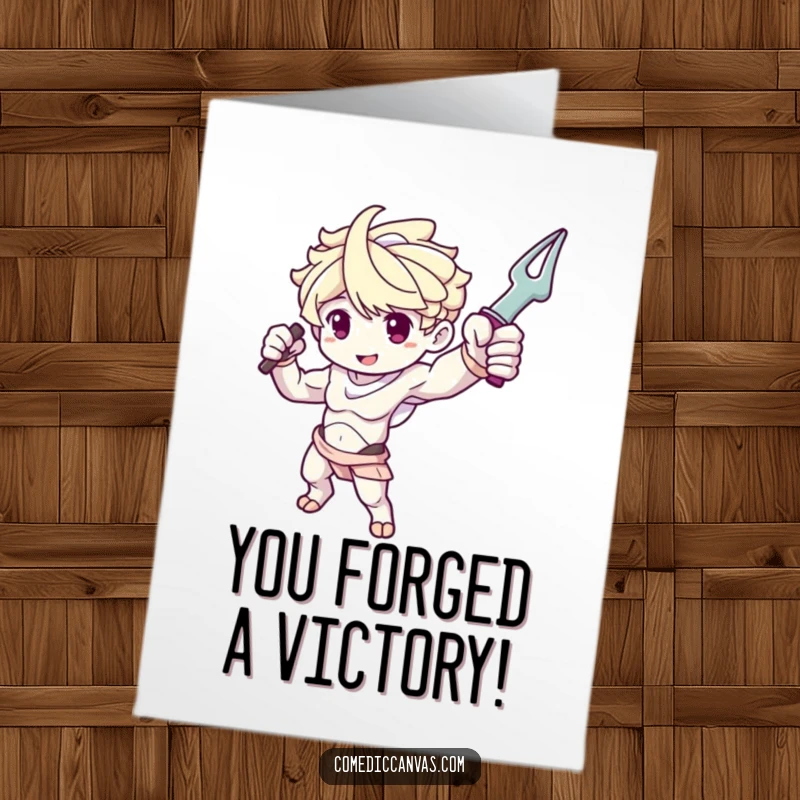 Funny Free Printable Congratulations Card: Cute sculpture arm character dramatically posing with a tool, celebrating a triumph.