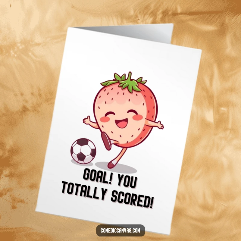 Funny Free Printable Congratulations Card: Joyful strawberry character kicking a soccer ball, celebrating a win.