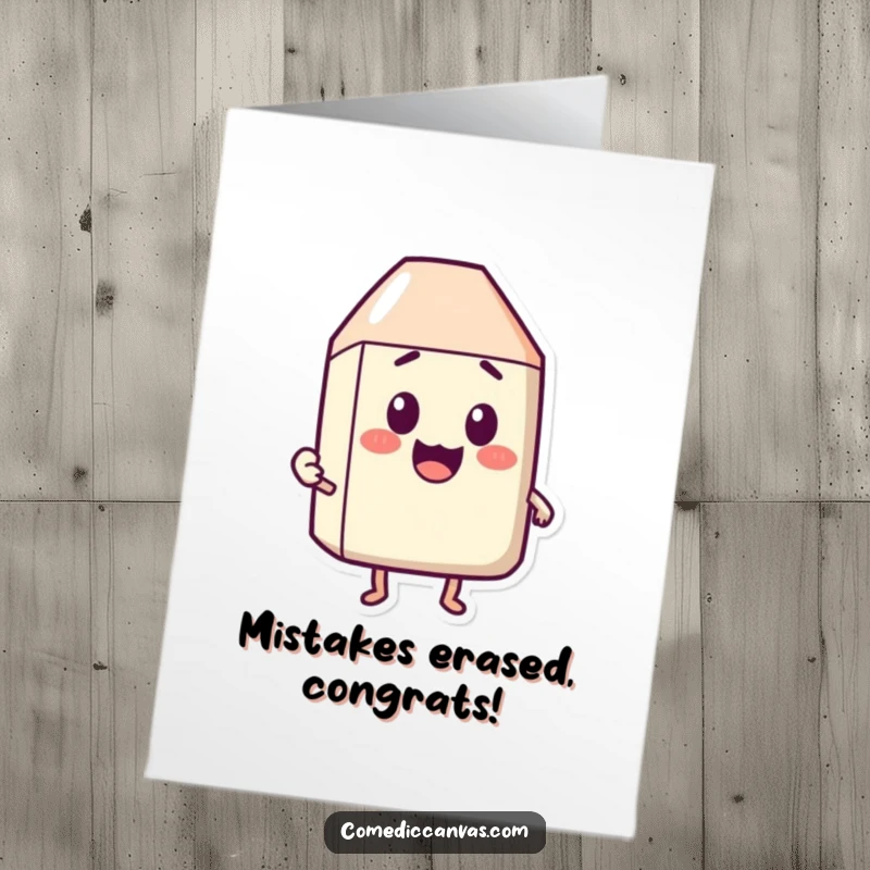 Funny Free Printable Congratulations Card: A happy eraser character removing a surprised look, symbolizing a smooth success.