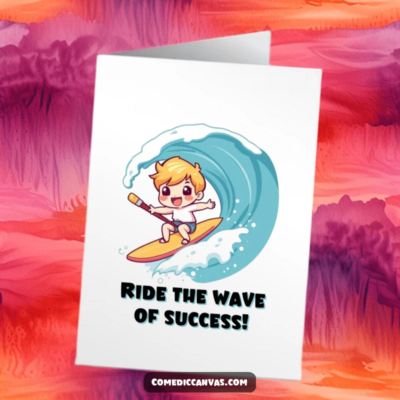 Funny free printable congratulations card: character giggling while riding a paintbrush surfboard down a canvas wave, a downloadable success.