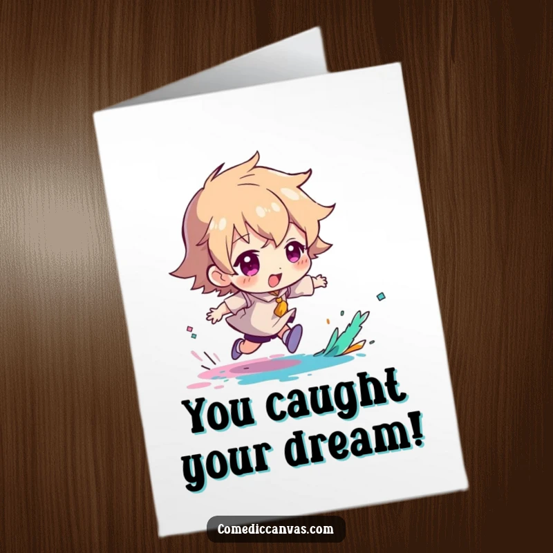 Funny free printable congratulations card of a character playfully chasing a chaotic paint splash, symbolizing vibrant achievement.