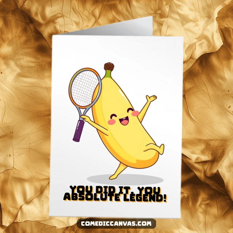 Funny Free Printable Congratulations Card: Giggling banana cartwheeling with a tennis racket, celebrating a victory.