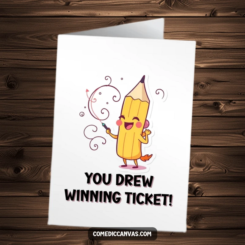 Funny Free Printable Congratulations Card: Delighted pencil character drawing a whimsical swirling design, celebrating a new venture.